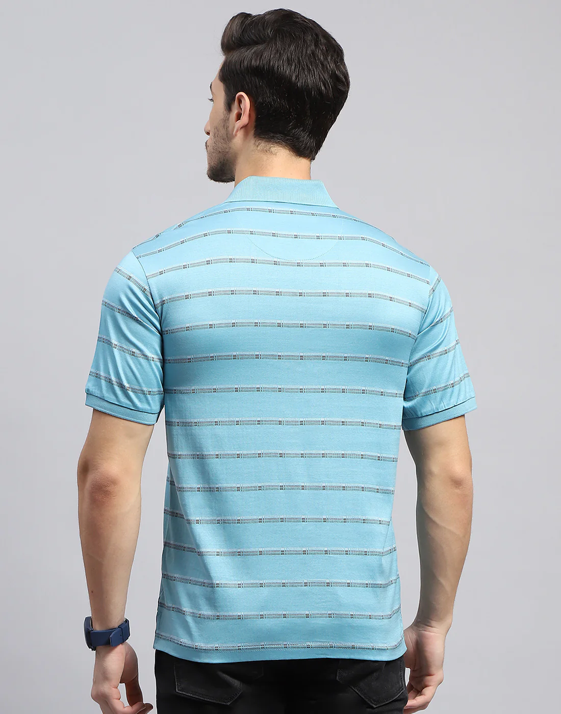 Men Sky Blue Stripe Polo Collar Half Sleeve T-Shirt - Image 6
