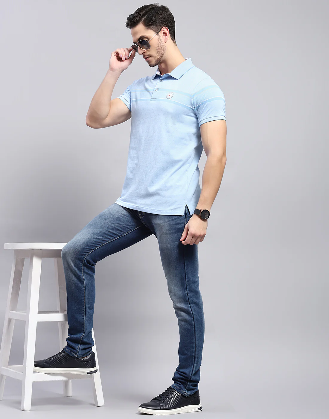 Men Sky Blue Stripe Polo Collar Half Sleeve T-Shirt - Image 2