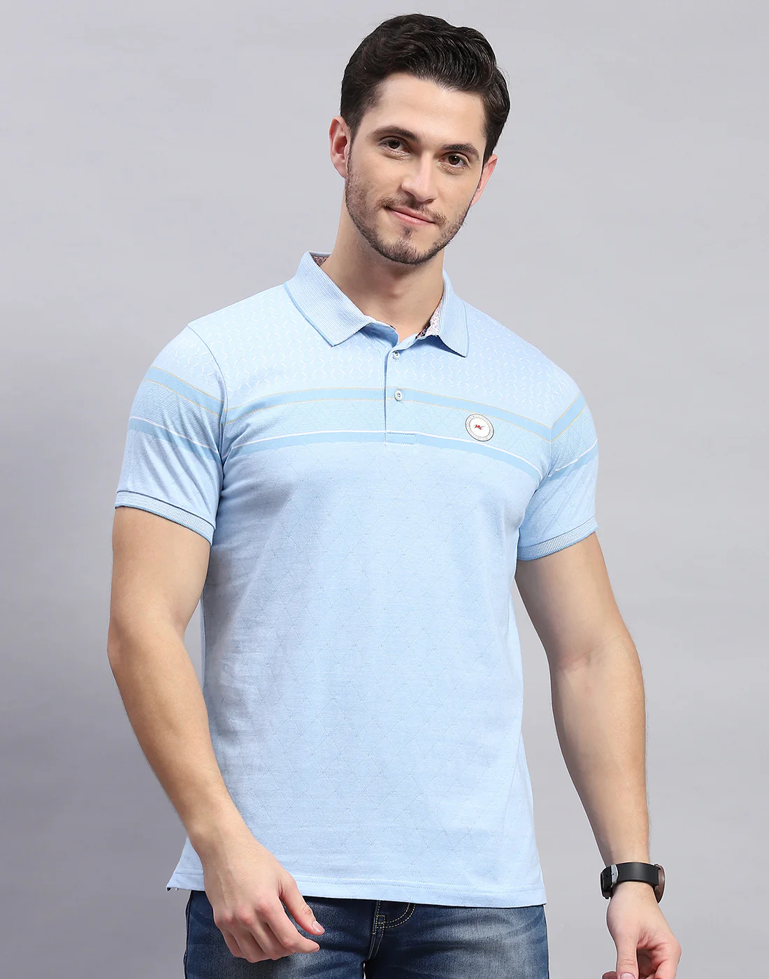 Men Sky Blue Stripe Polo Collar Half Sleeve T-Shirt - Image 3