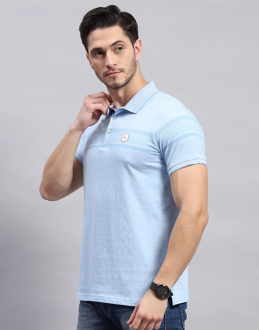 Men Sky Blue Stripe Polo Collar Half Sleeve T-Shirt - Image 4