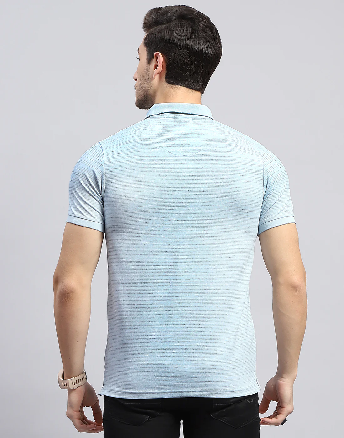 Men Sky Blue Stripe Polo Collar Half Sleeve T-Shirt - Image 5