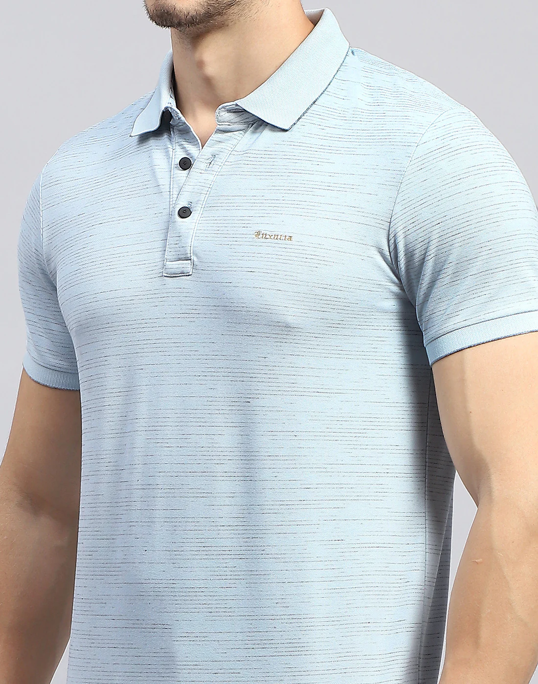 Men Sky Blue Stripe Polo Collar Half Sleeve T-Shirt - Image 7