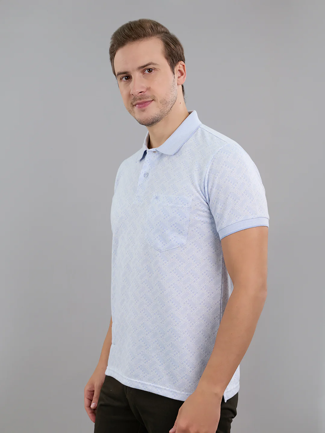 Men Sky Blue Stripe Polo Collar Half Sleeve T-Shirt - Image 2