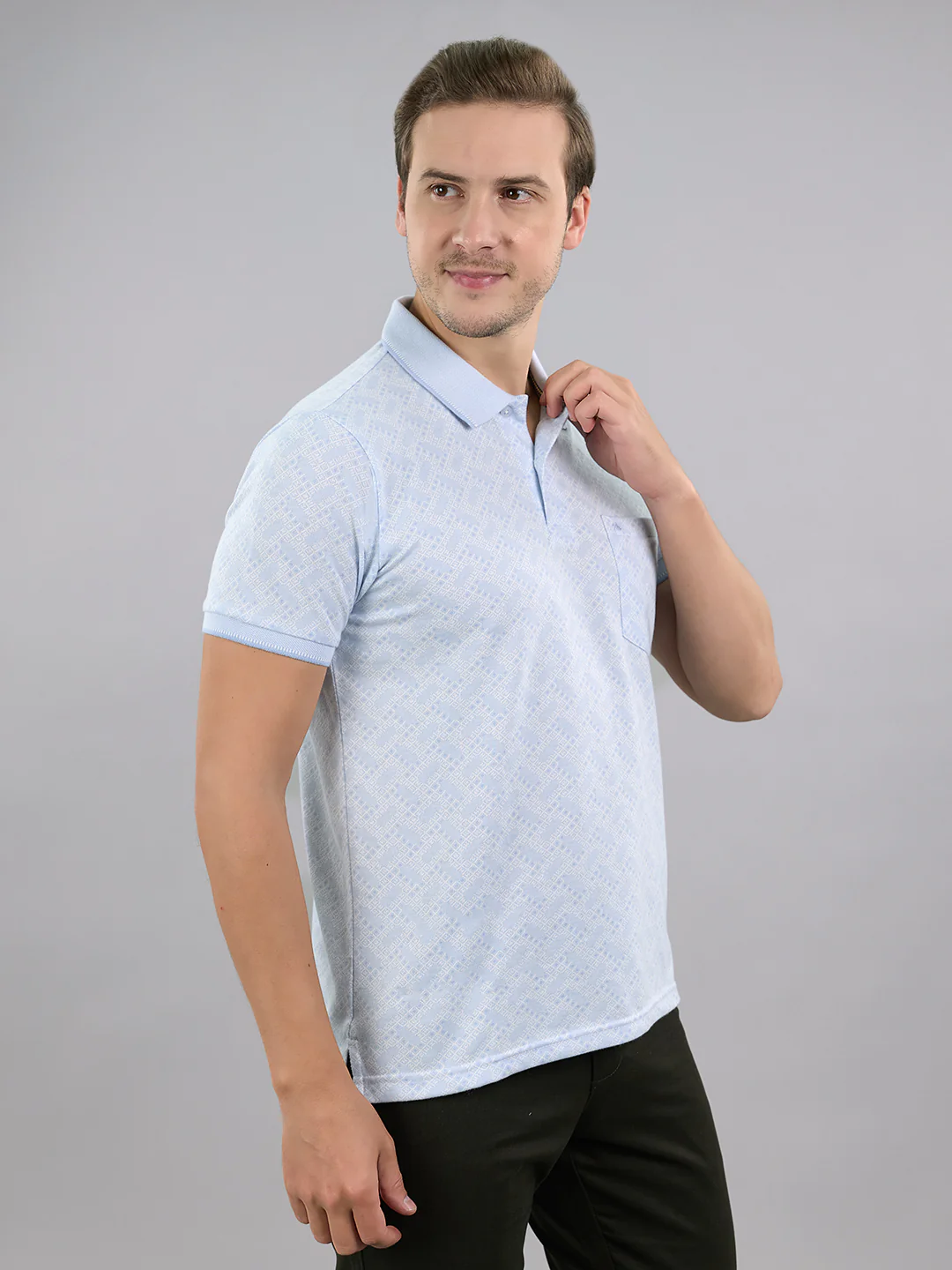 Men Sky Blue Stripe Polo Collar Half Sleeve T-Shirt - Image 3
