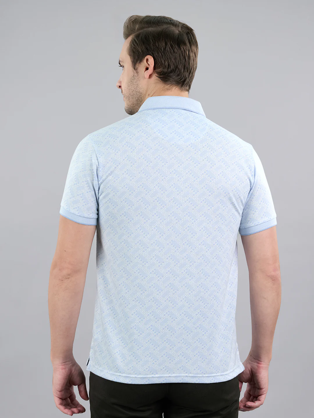 Men Sky Blue Stripe Polo Collar Half Sleeve T-Shirt - Image 5