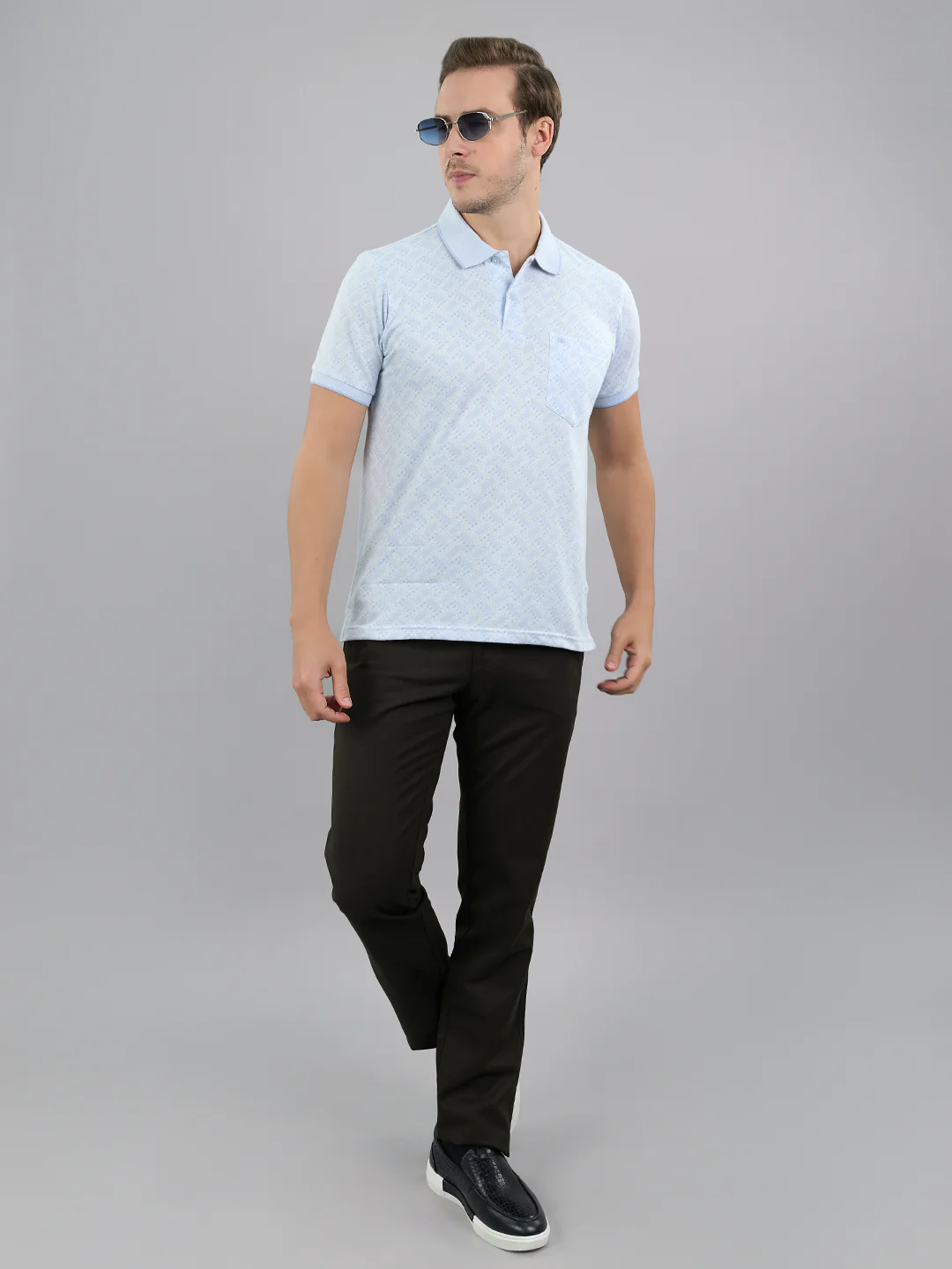 Men Sky Blue Stripe Polo Collar Half Sleeve T-Shirt - Image 6