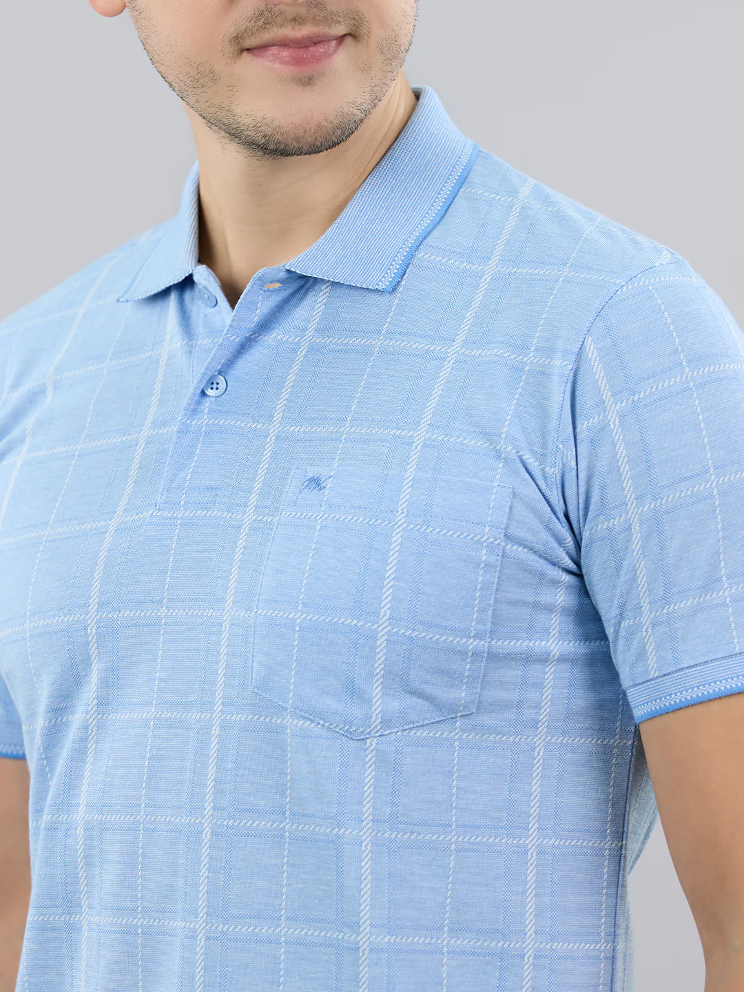 Men Sky Blue Stripe Polo Collar Half Sleeve T-Shirt - Image 5