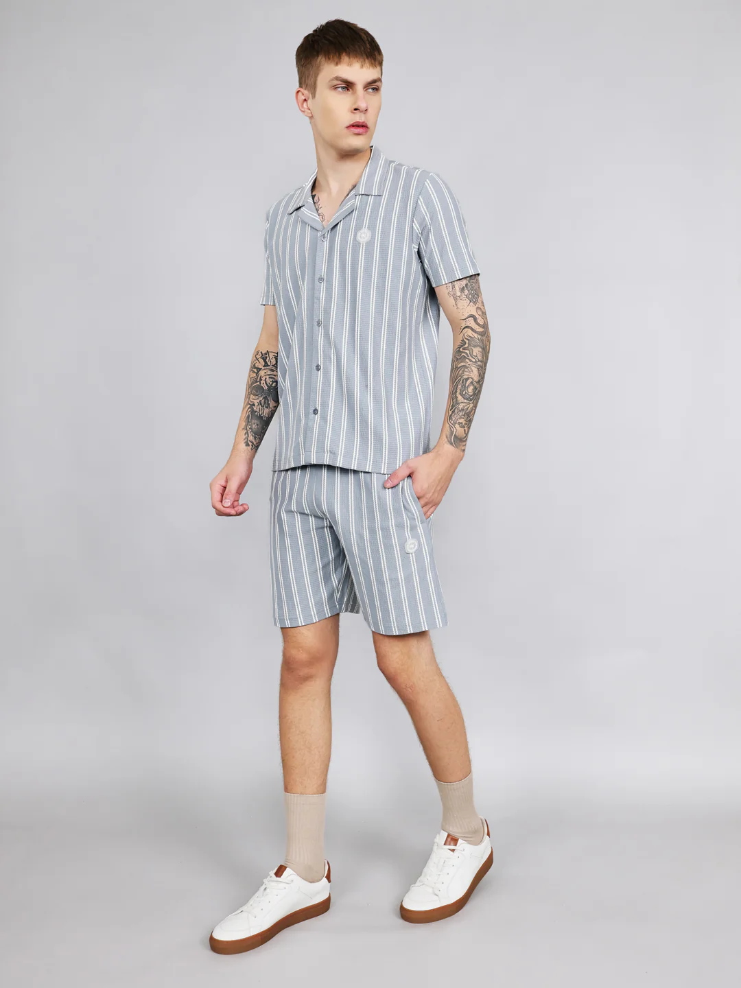 Men Sky Blue Stripe Regular Fit Bermuda Set - Image 3