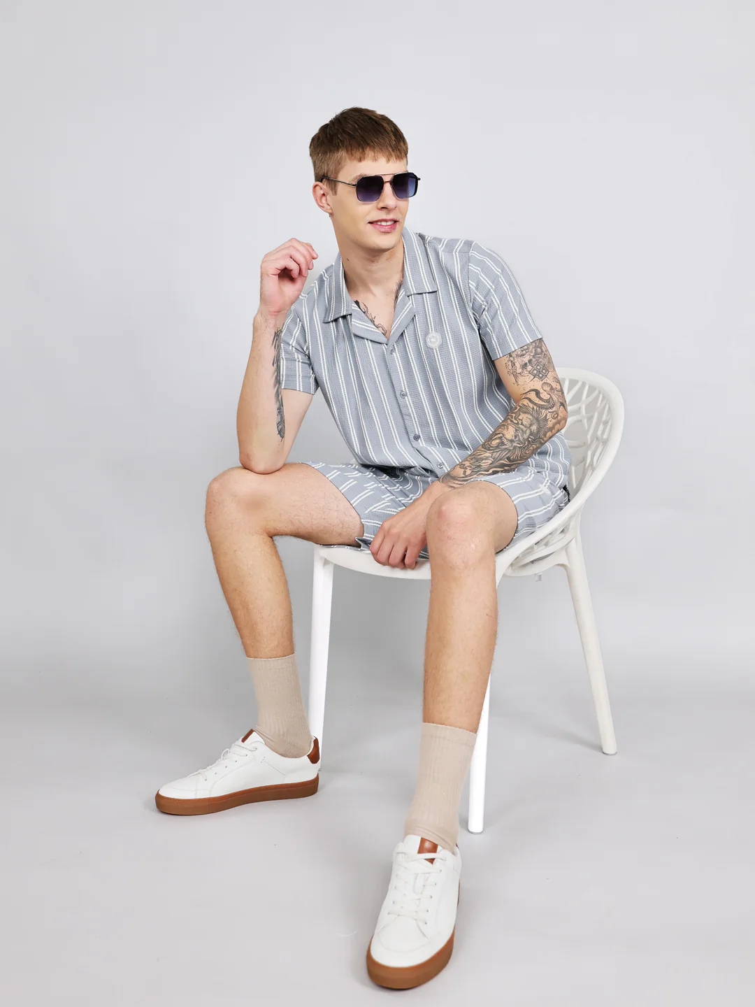 Men Sky Blue Stripe Regular Fit Bermuda Set - Image 8