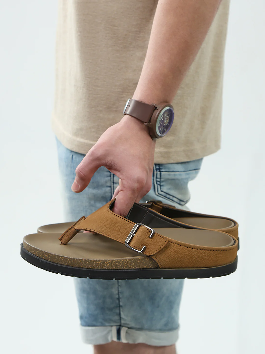 Men Tan Buckle Genuine Leather Slipper - Image 10