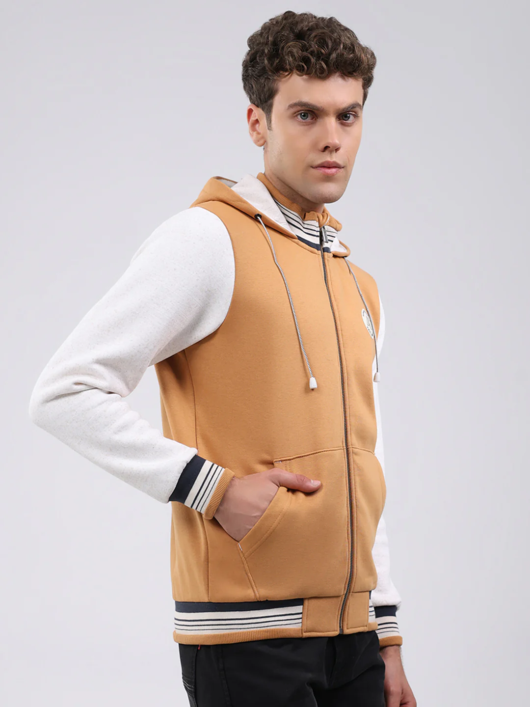 Men Tan Embroidered Hooded Full Sleeve Sweatshirt - Image 4