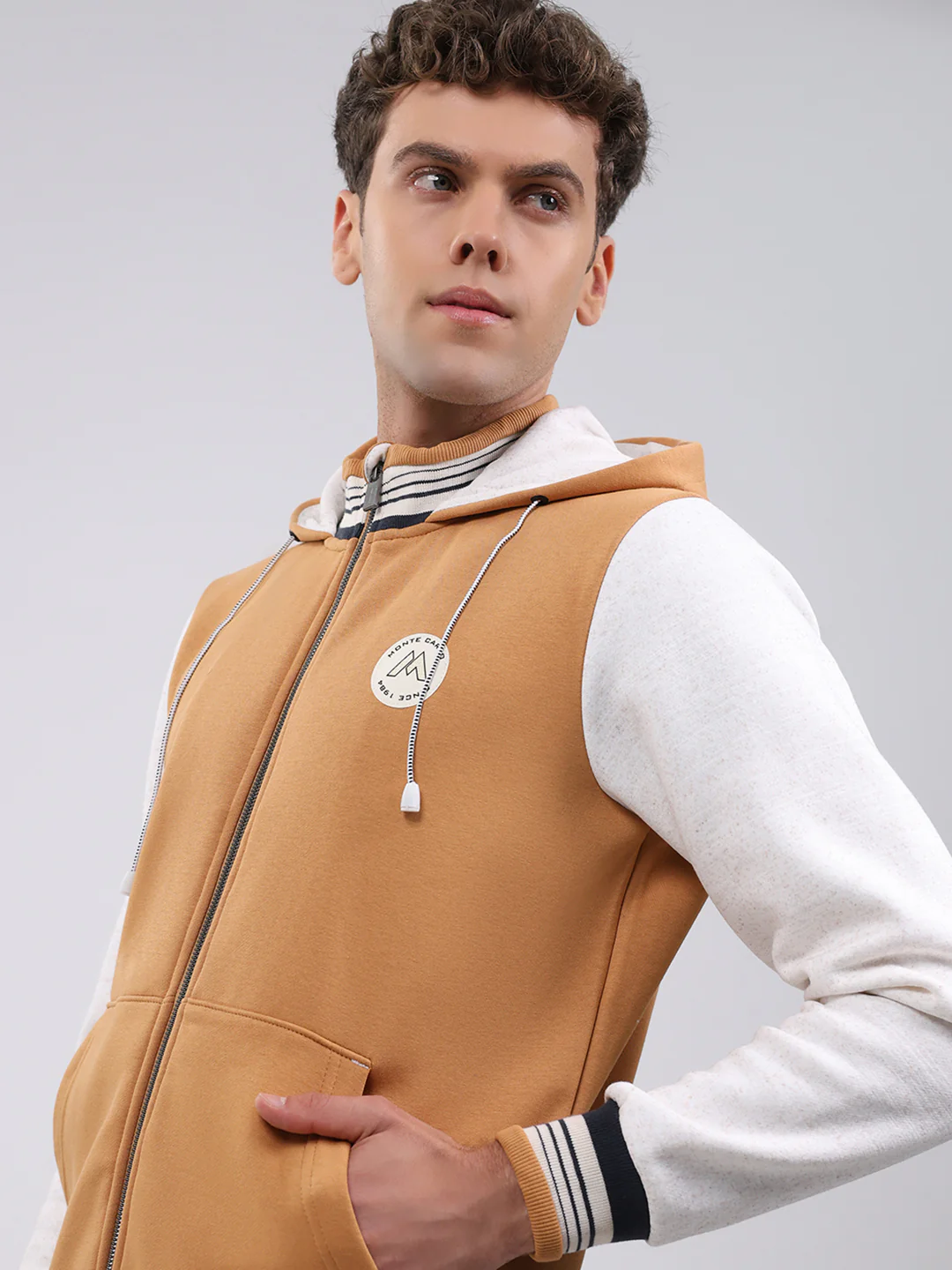 Men Tan Embroidered Hooded Full Sleeve Sweatshirt - Image 6