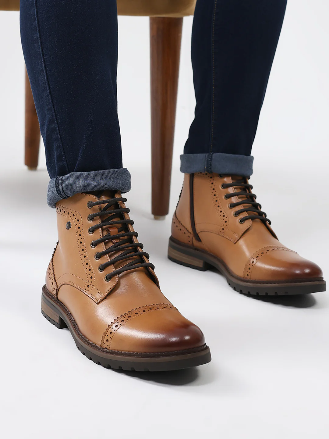 Men Tan Genuine Leather Lace Up Boots - Image 10
