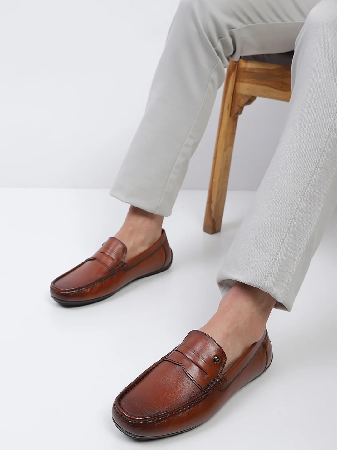 Men Tan Slip on Genuine Leather Loafers - Image 10