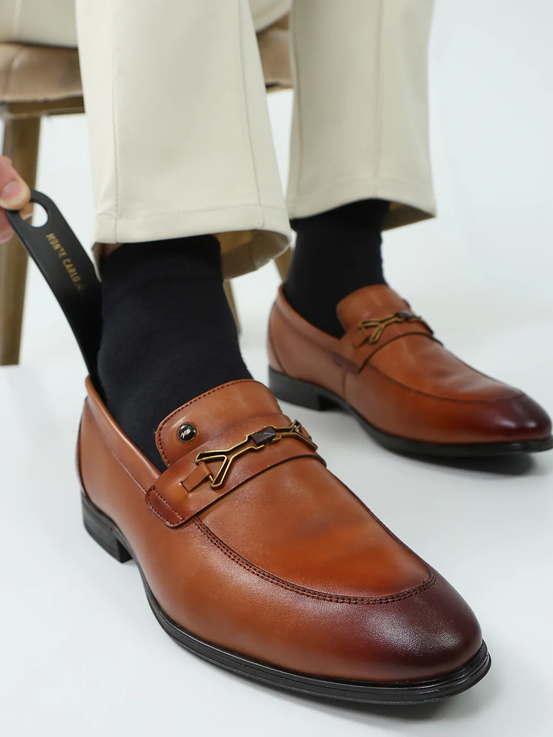 Men Tan Slip on Genuine Leather Horse-Bit Buckle Loafers - Image 11