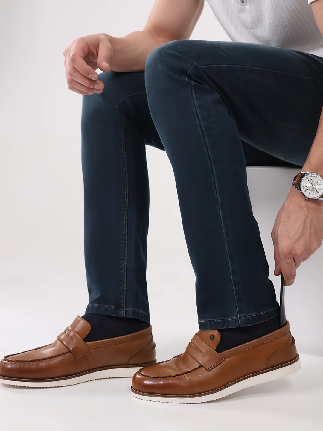 Men Tan Slip on Genuine Leather Penny Loafers - Image 10