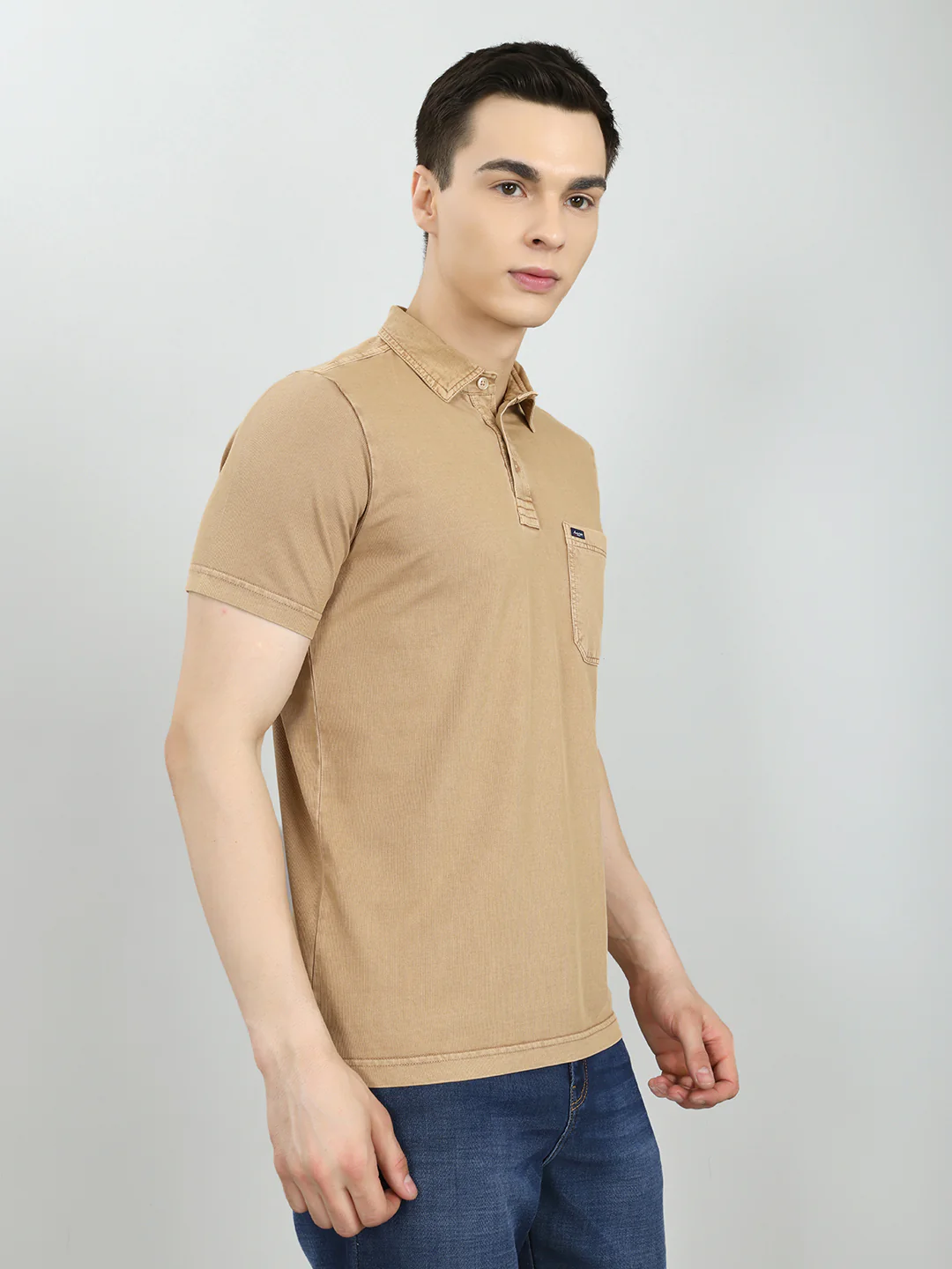 Men Tan Solid Collar Half Sleeve T-Shirt - Image 3