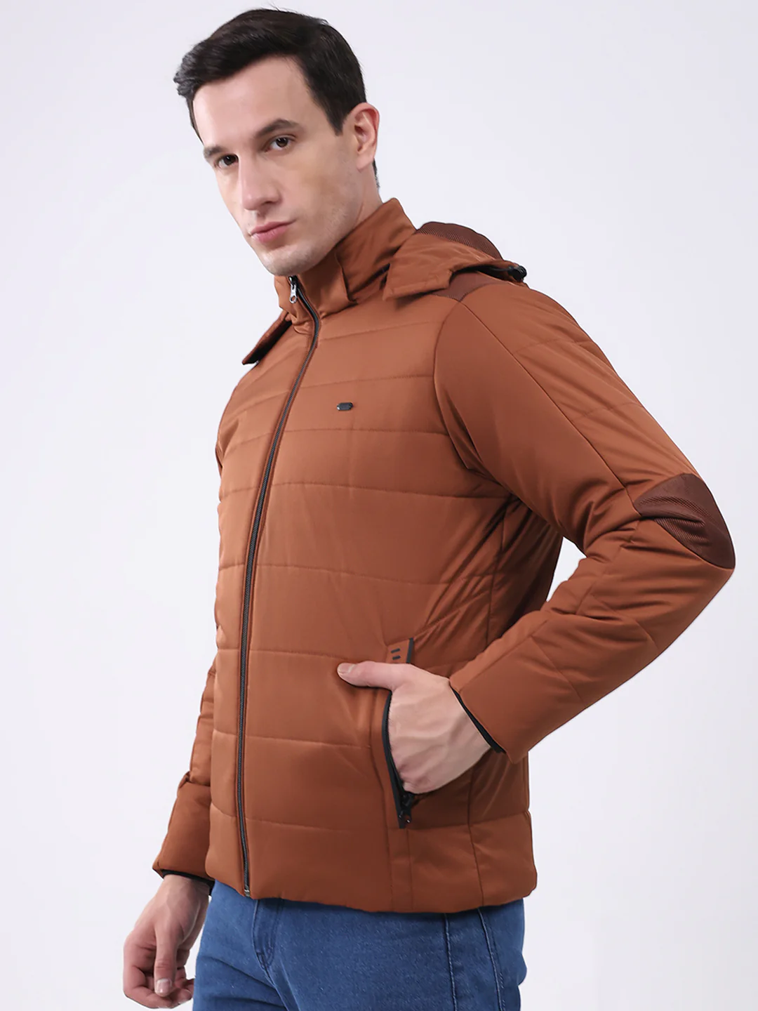 Men Tan Solid Hooded Full Sleeve Jacket - Image 3