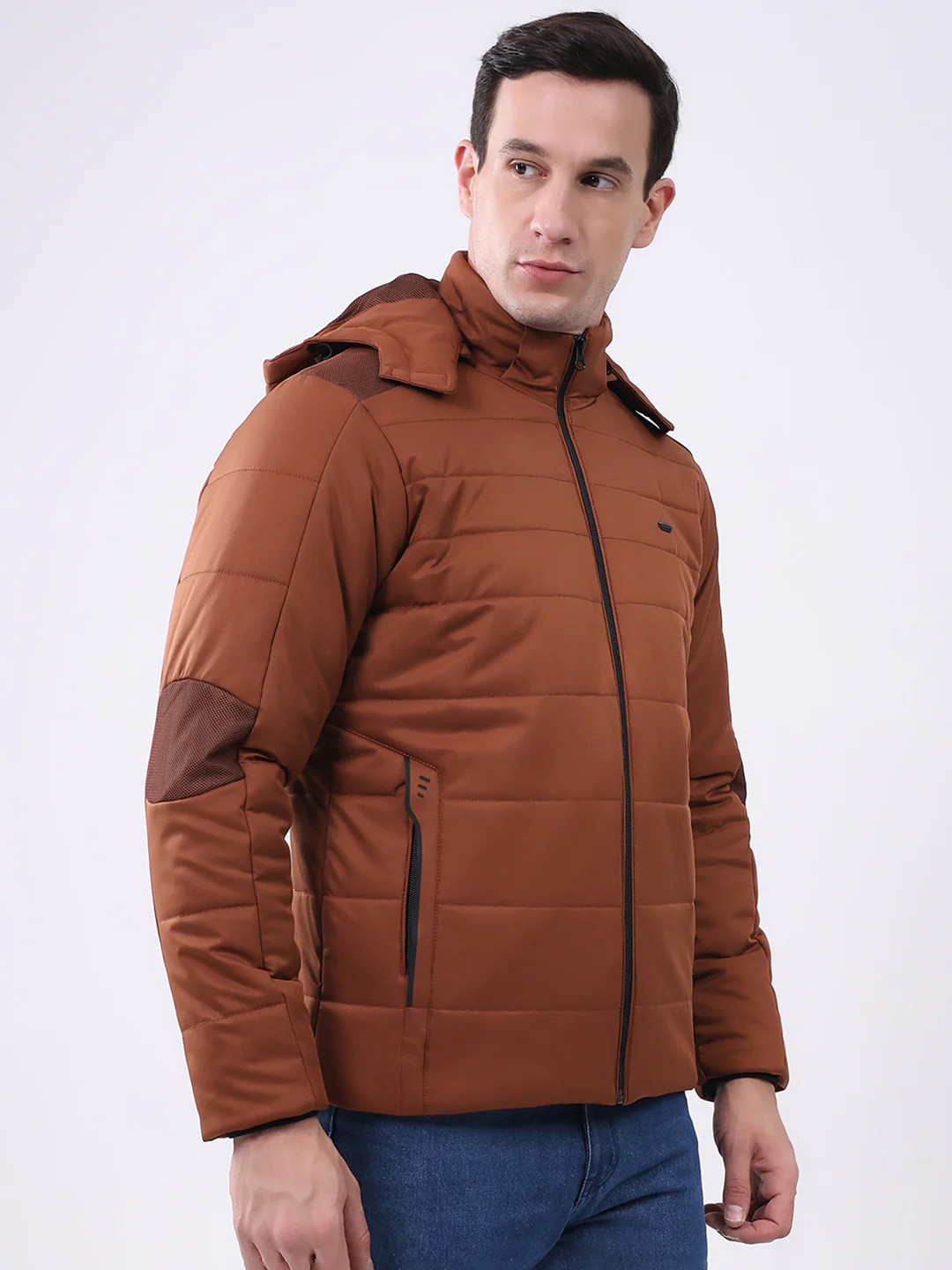 Men Tan Solid Hooded Full Sleeve Jacket - Image 4