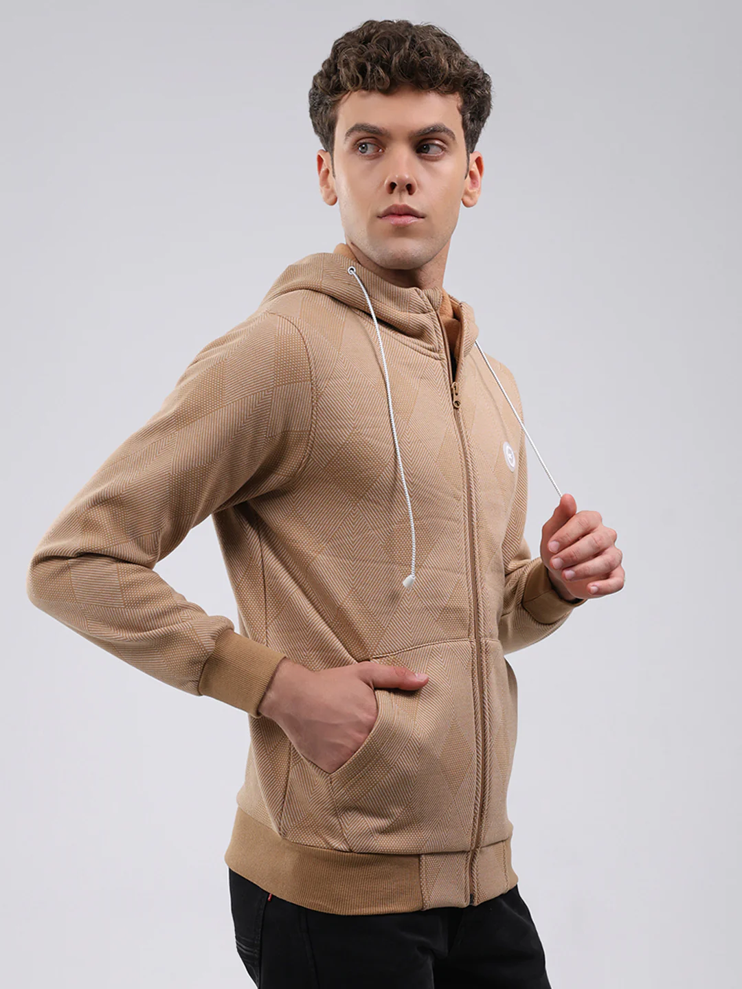 Men Tan Solid Hooded Full Sleeve Sweatshirt - Image 4