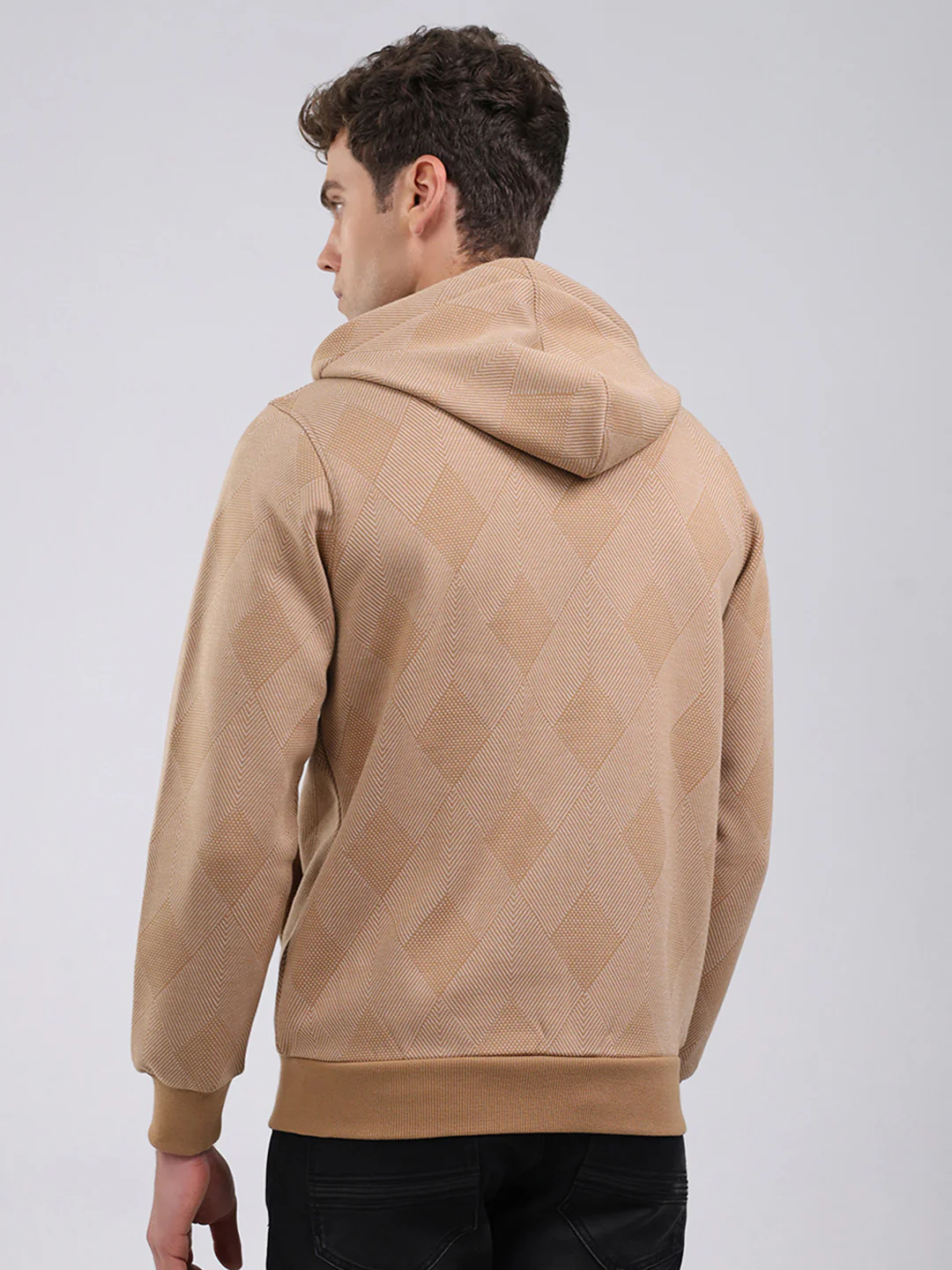 Men Tan Solid Hooded Full Sleeve Sweatshirt - Image 5