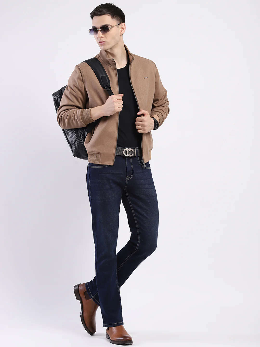 Men Tan Solid Mock Neck Full Sleeve Jacket - Image 2
