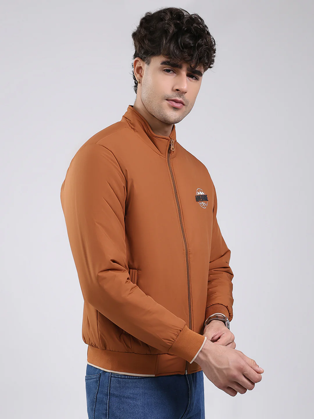 Men Tan Solid Mock Neck Full Sleeve Jacket - Image 4