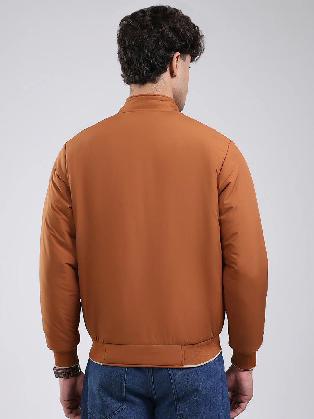 Men Tan Solid Mock Neck Full Sleeve Jacket - Image 5