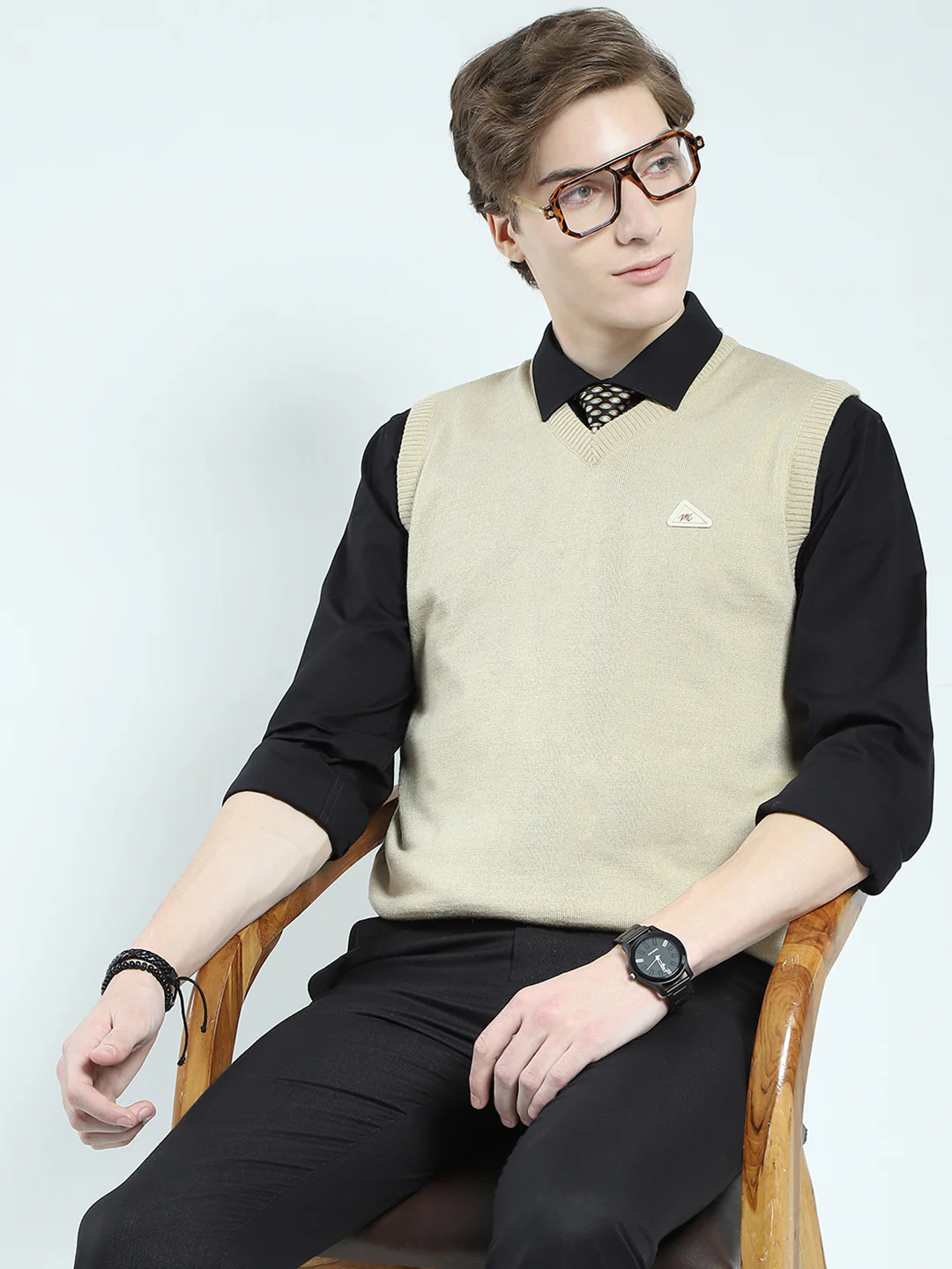 Men Tan Solid V Neck Sleeveless Sweater - Image 6