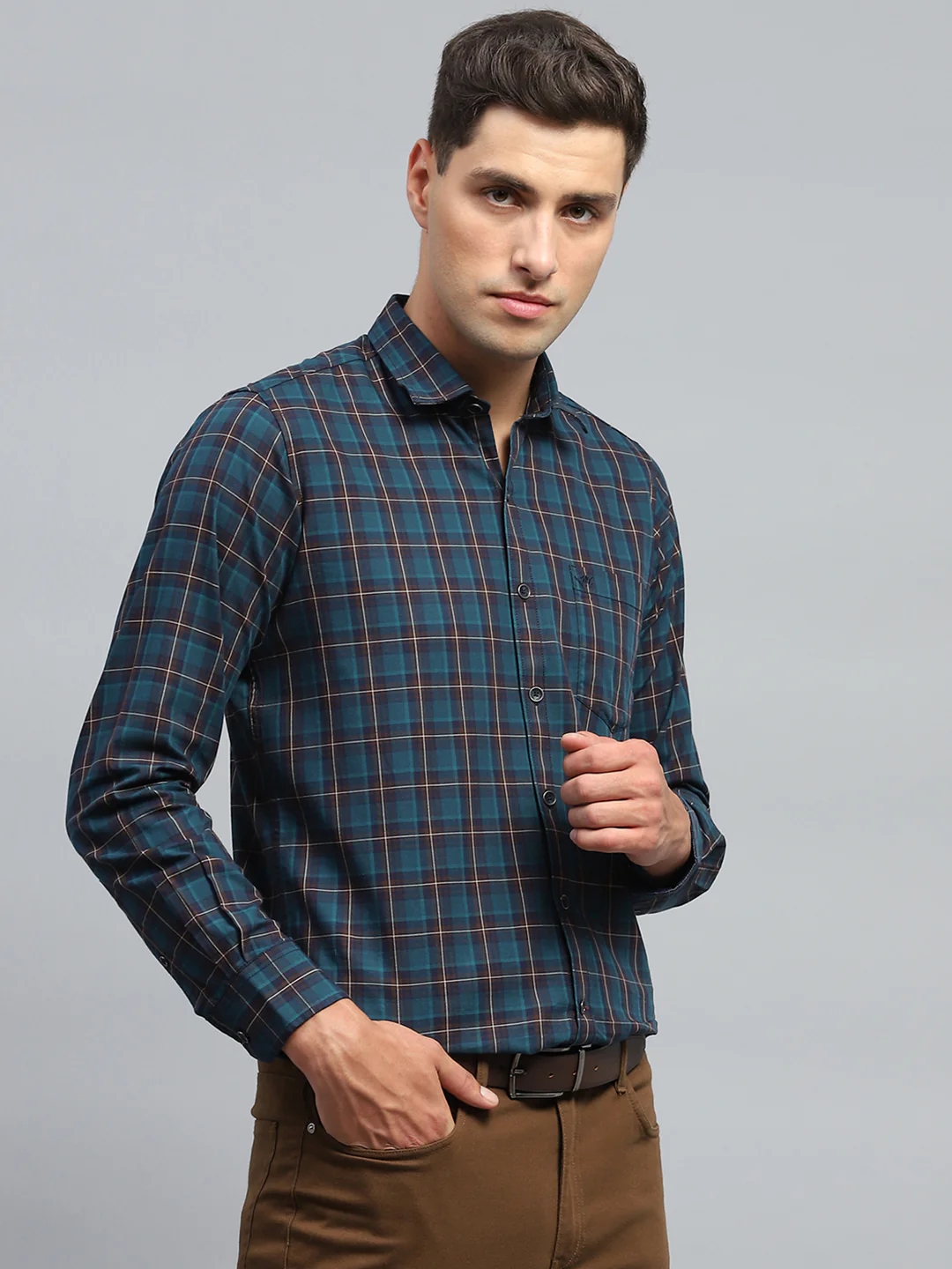 Men Teal Blue Check Collar Full Sleeve Shirt - Image 4
