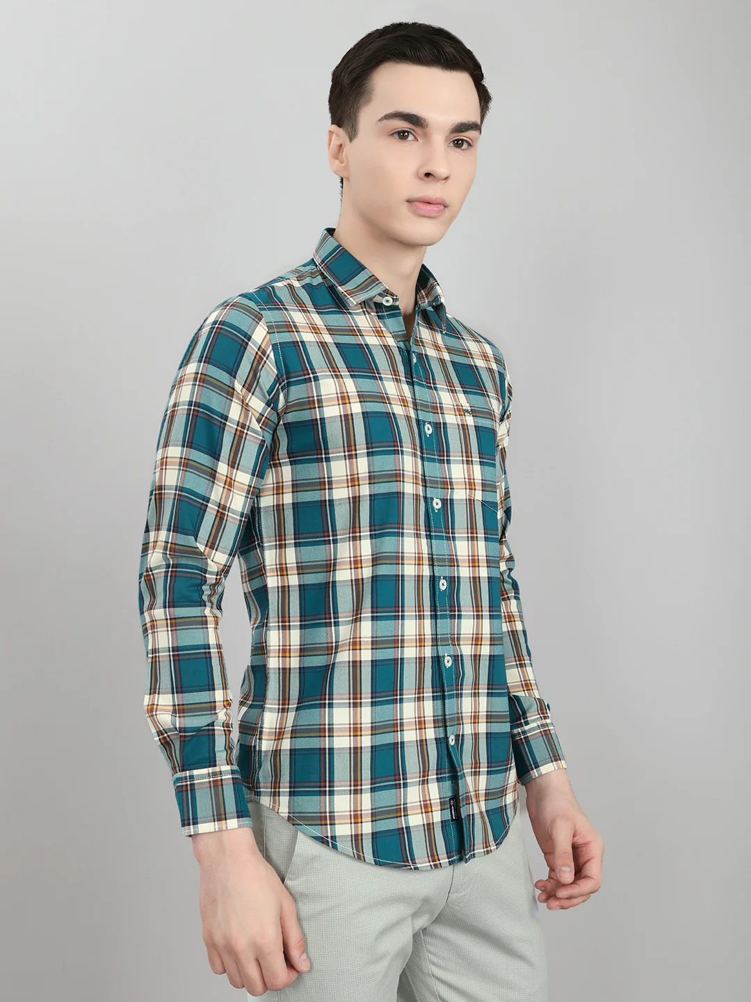 Men Teal Blue Check Collar Full Sleeve Shirt - Image 3