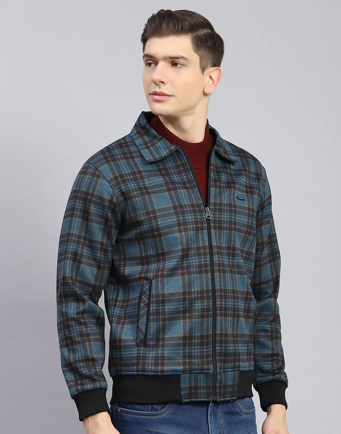 Men Teal Blue Check Collar Full Sleeve Sweatshirt - Image 6