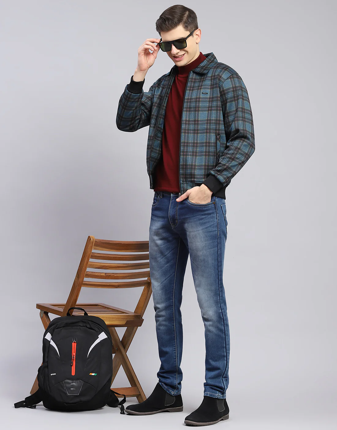 Men Teal Blue Check Collar Full Sleeve Sweatshirt - Image 7
