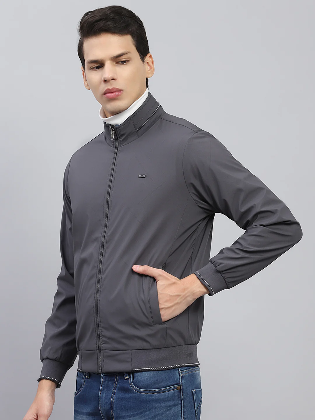 Men Teal Blue & Grey Solid Mock Neck Full Sleeve Reversible Jacket - Image 3
