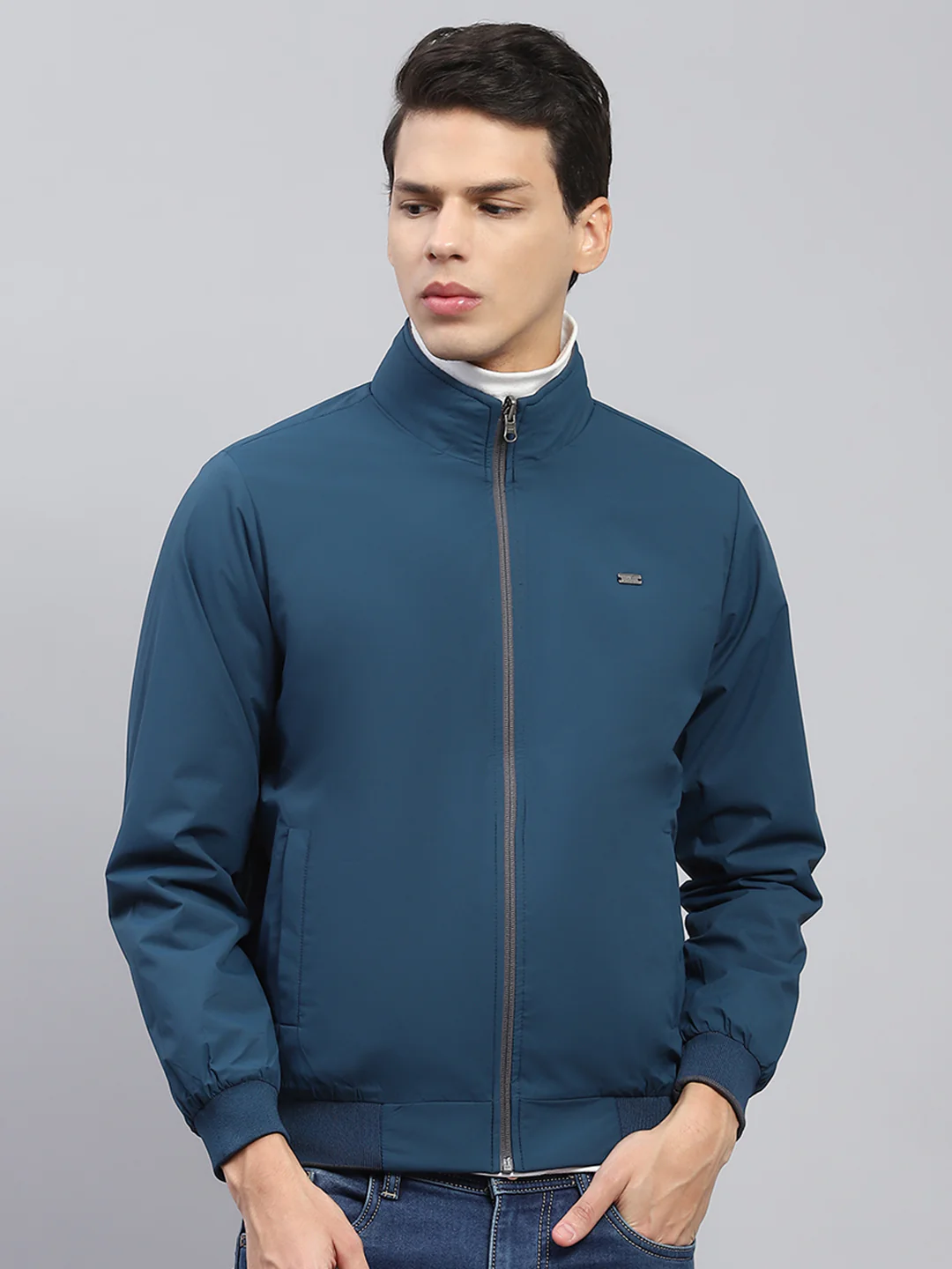 Men Teal Blue & Grey Solid Mock Neck Full Sleeve Reversible Jacket - Image 8