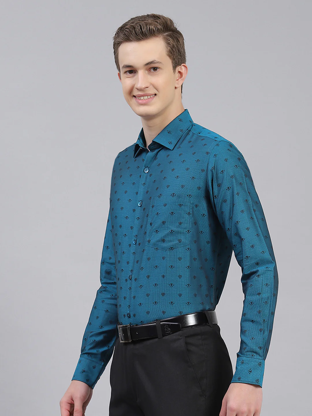 Men Teal Blue Jaquard Shirt - Image 4