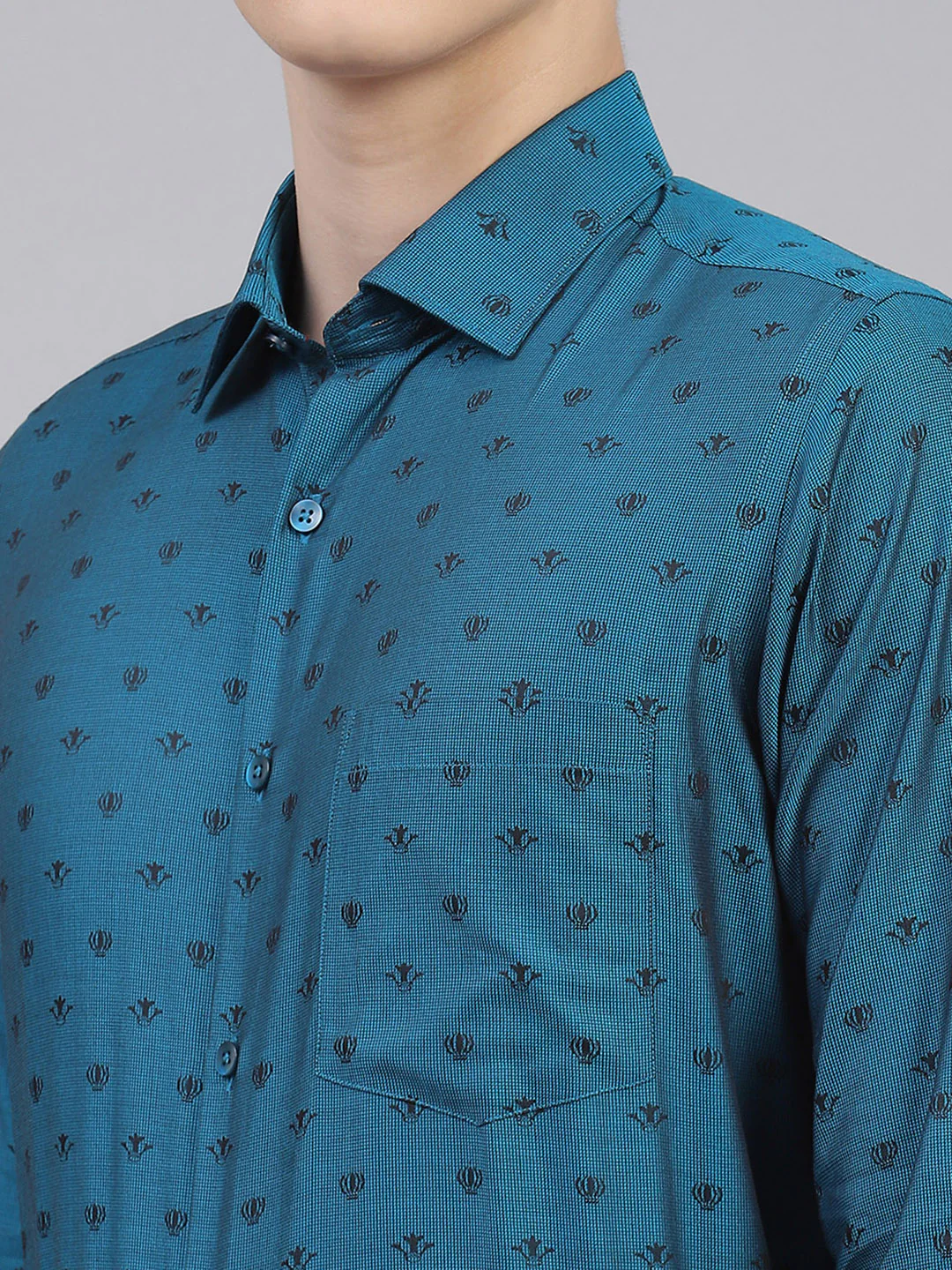 Men Teal Blue Jaquard Shirt - Image 6