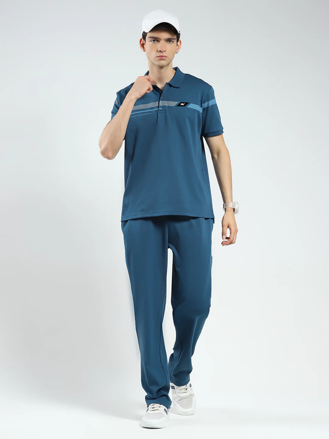 Men Teal Blue Printed Collar Half Sleeve Lower Set - Image 2