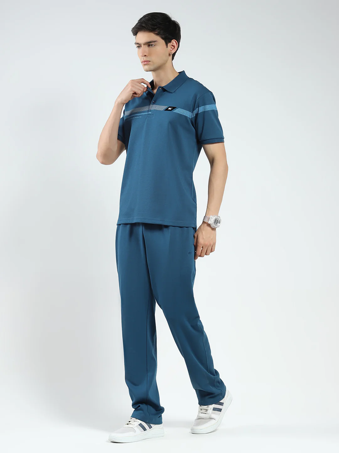 Men Teal Blue Printed Collar Half Sleeve Lower Set - Image 3
