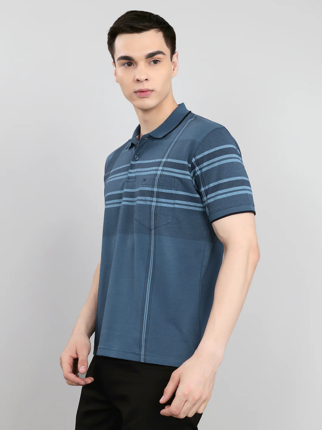 Men Teal Blue Printed Collar Half Sleeve T-Shirt - Image 2