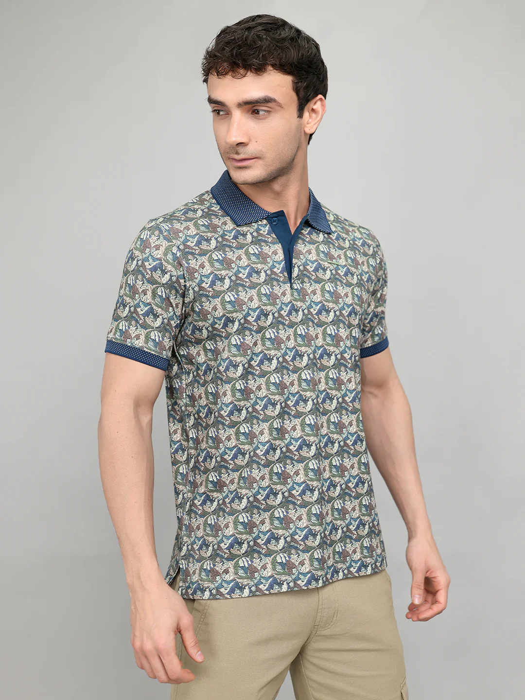 Men Teal Blue Printed Collar Half Sleeve T-Shirt with Plantable Seed Tag - Image 3