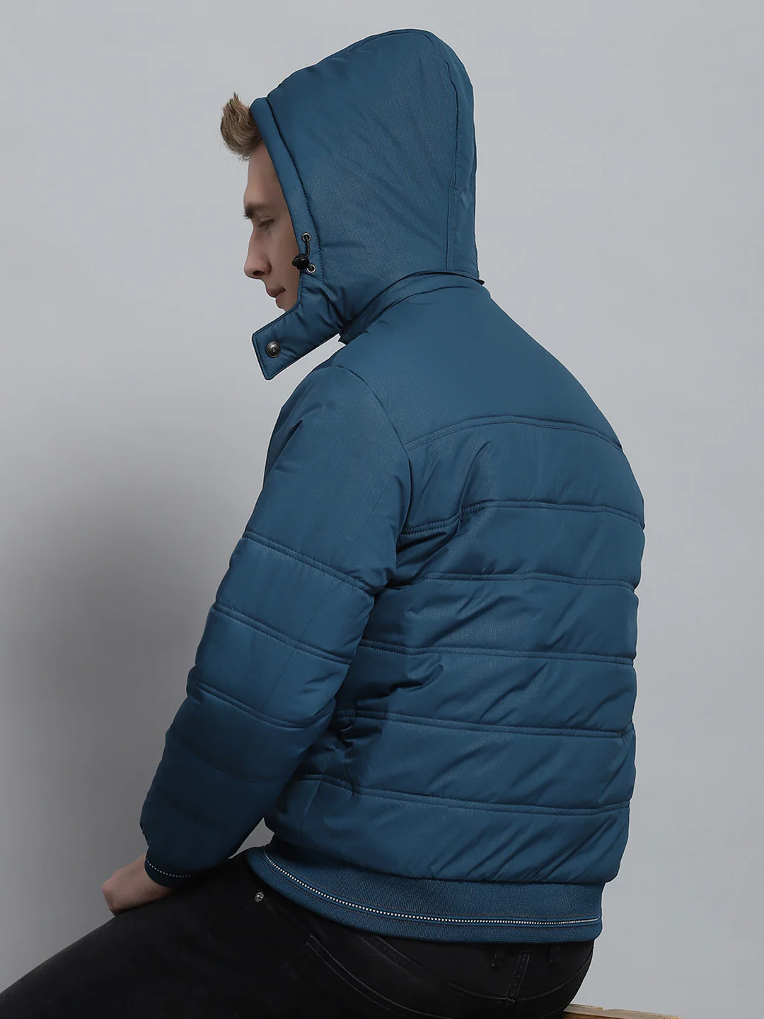 Men Teal Blue Printed Detachable Hood Full Sleeve Jacket - Image 6