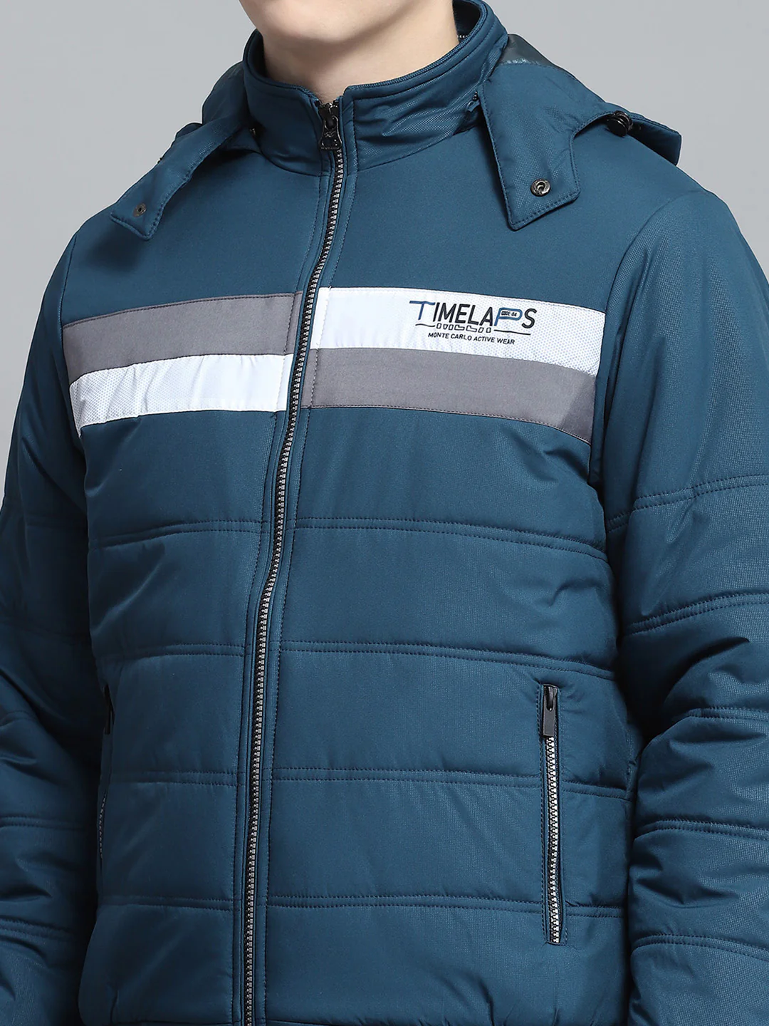 Men Teal Blue Printed Detachable Hood Full Sleeve Jacket - Image 7