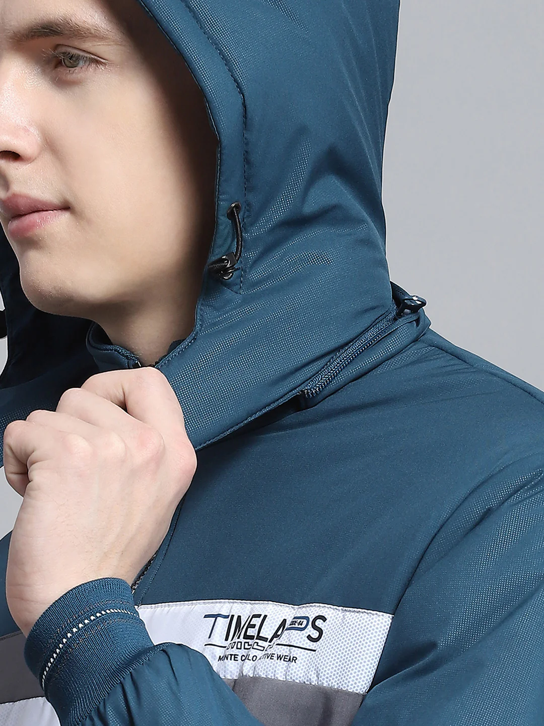 Men Teal Blue Printed Detachable Hood Full Sleeve Jacket - Image 8