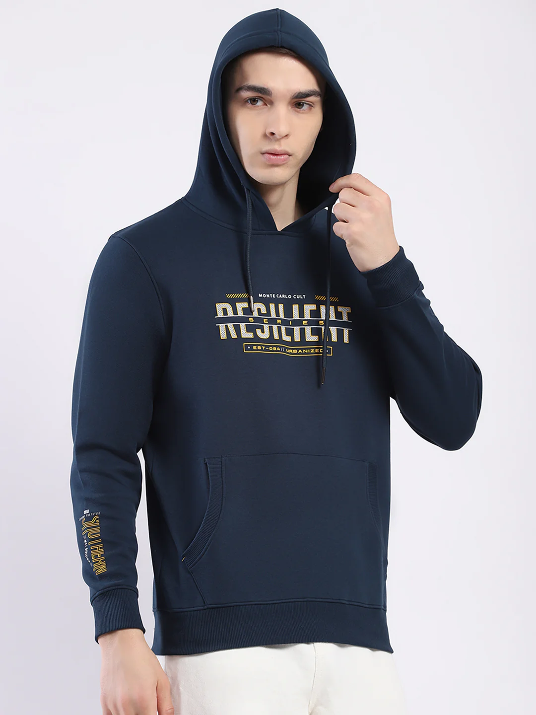 Men Teal Blue Printed Hooded Full Sleeve Winter T-Shirt - Image 6