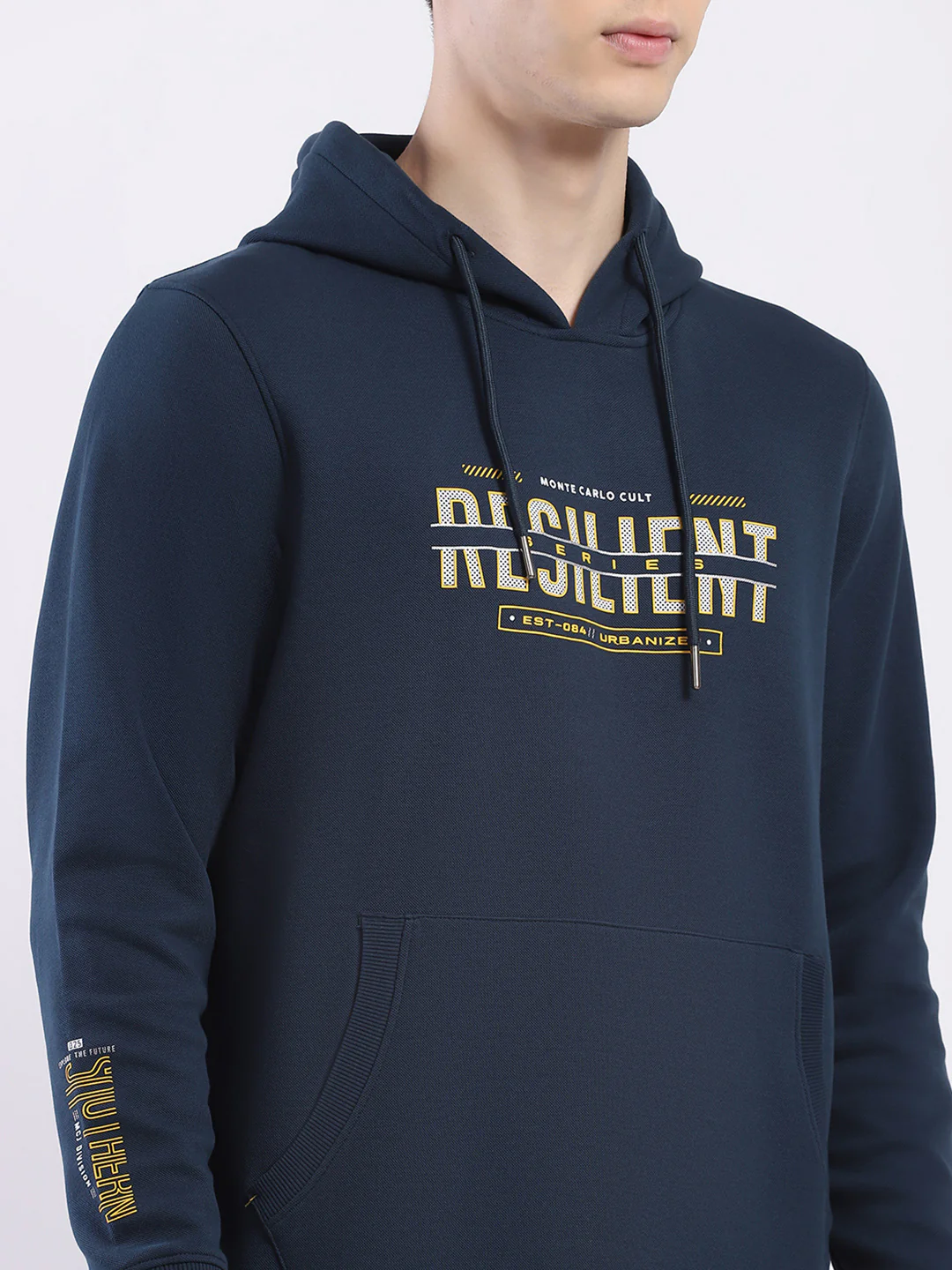 Men Teal Blue Printed Hooded Full Sleeve Winter T-Shirt - Image 7