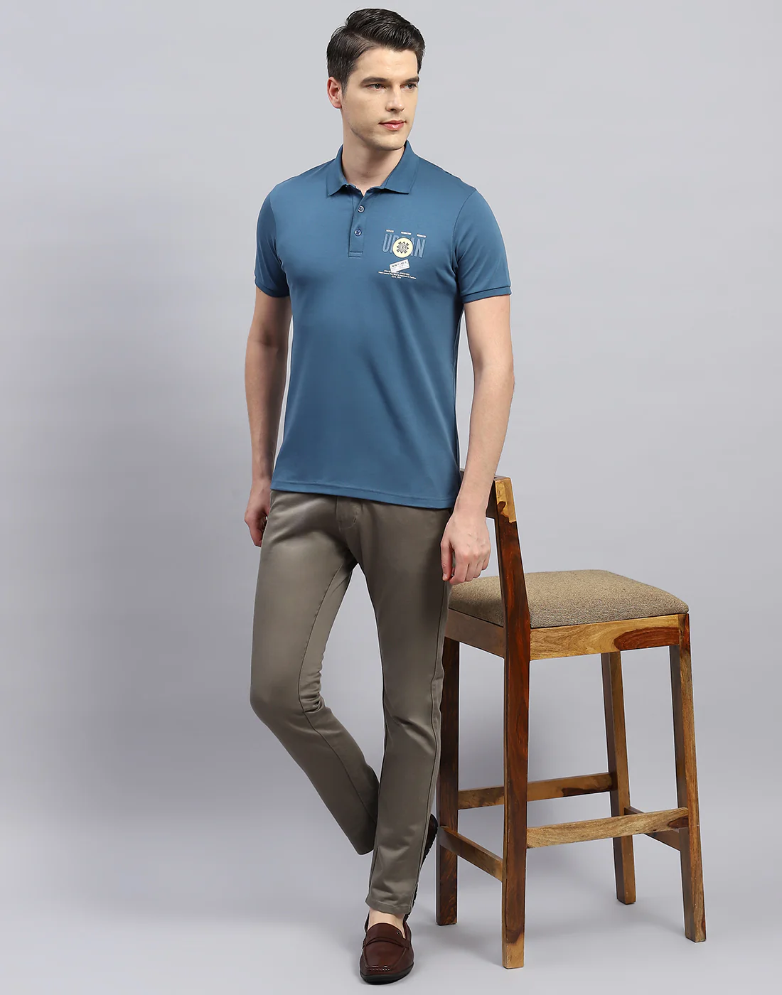 Men Teal Blue Printed Polo Collar Half Sleeve T-Shirt - Image 2