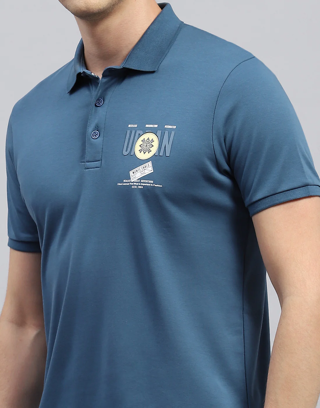 Men Teal Blue Printed Polo Collar Half Sleeve T-Shirt - Image 6