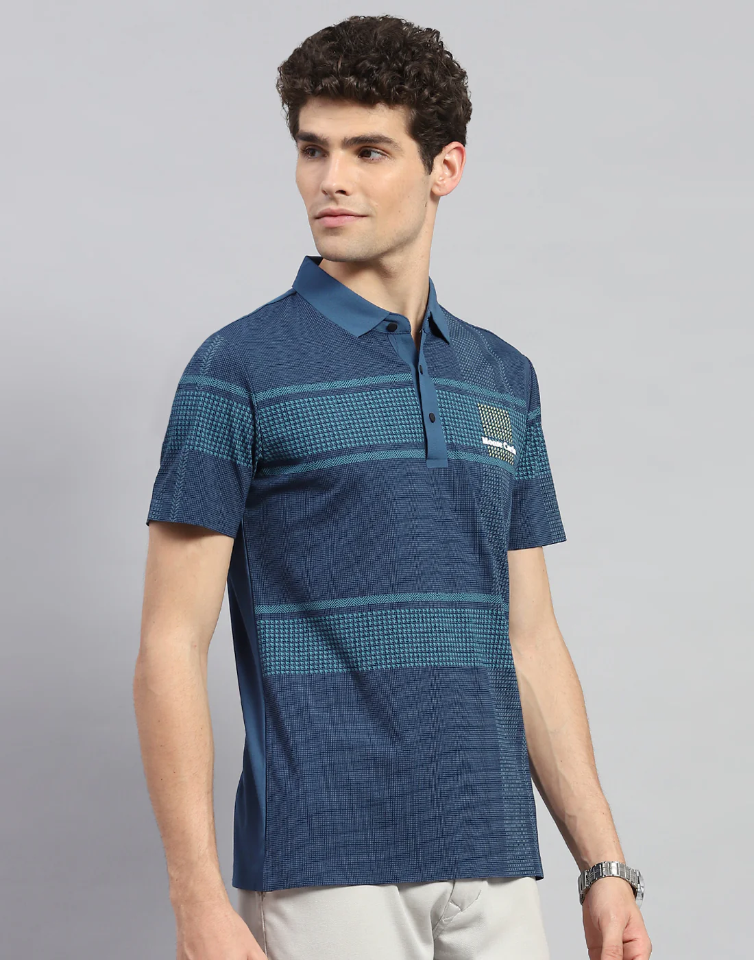 Men Teal Blue Printed Polo Collar Half Sleeve T-Shirt - Image 4
