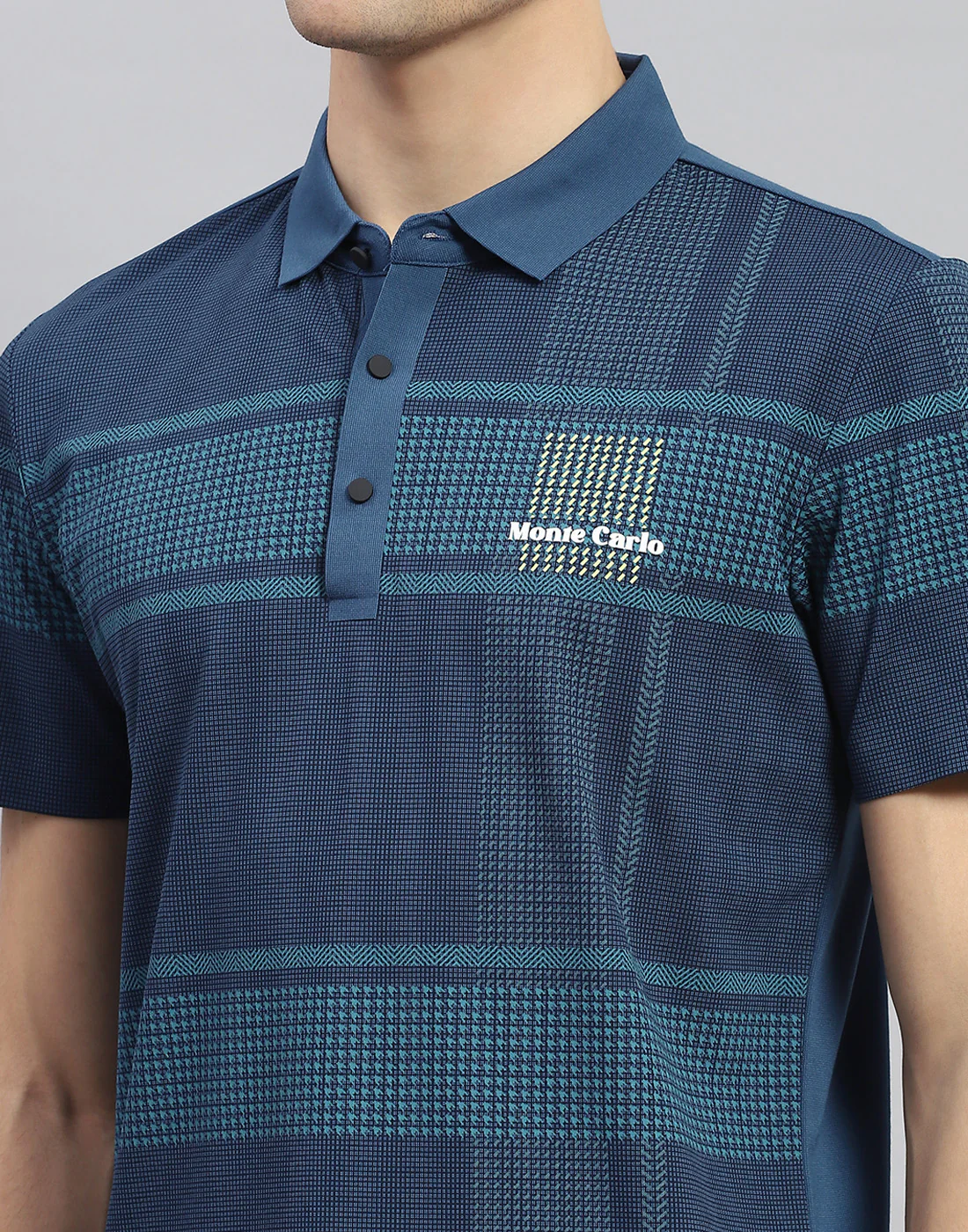 Men Teal Blue Printed Polo Collar Half Sleeve T-Shirt - Image 6